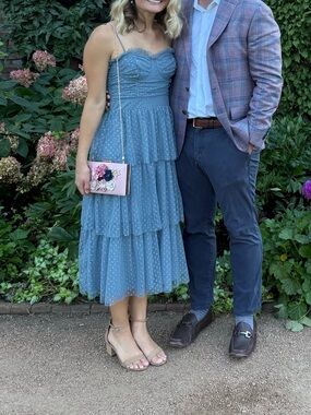 Lulu's Dusty Blue Tiered Dot Mesh Midi Dress